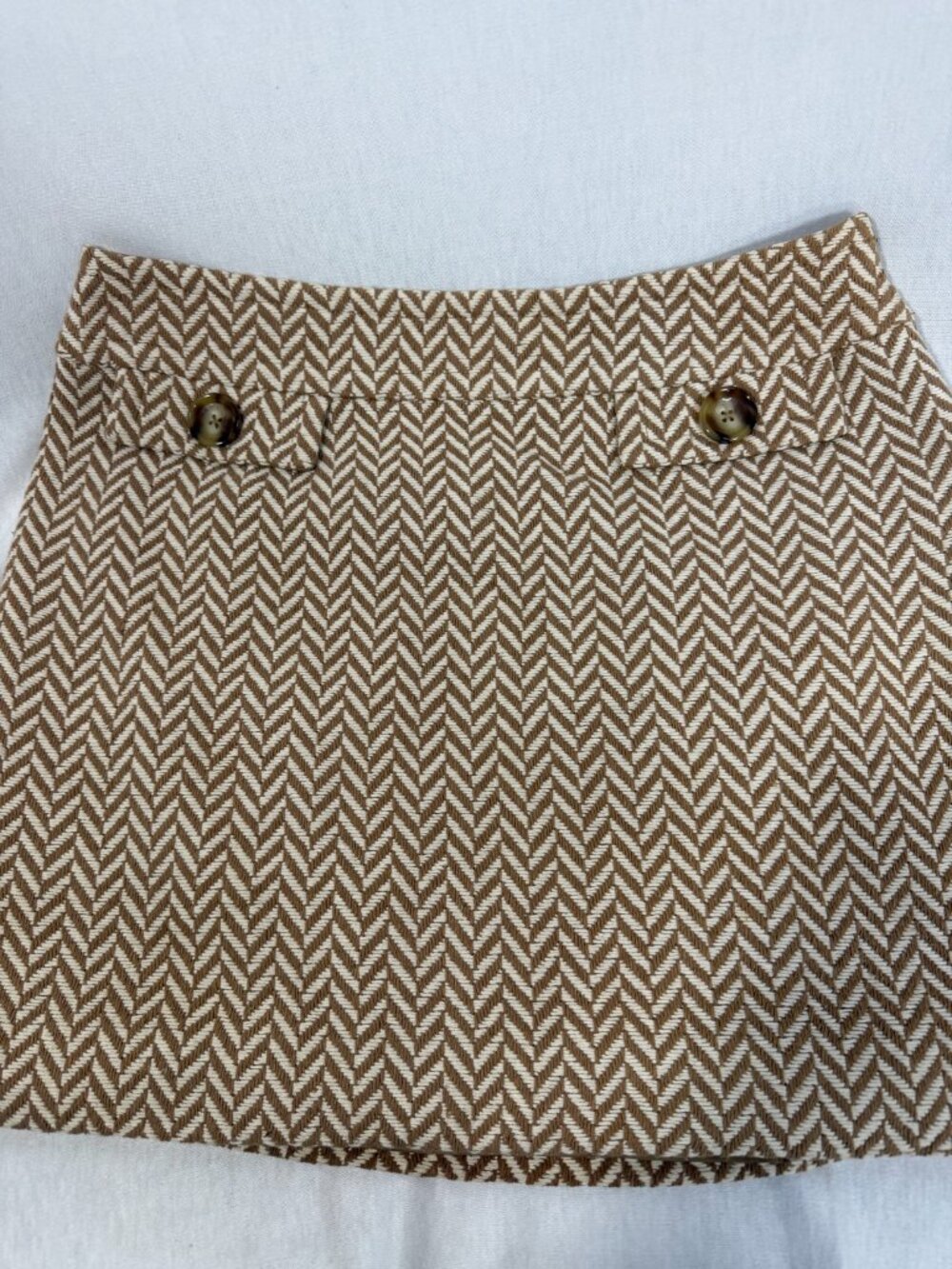 MICHAEL Michael Kors Tweed Herringbone Mini Skirt Brown Cream Faux Pocket Sz10 - Picture 2 of 9
